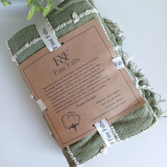 FINE FABS Decorative 100% Cotton Throw Blanket | 60"x50" | Sage Green - Picture 9 of 10